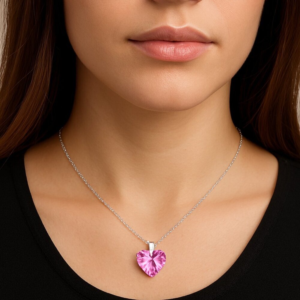 Swarovski Crystal Rose Heart Pendant Necklace - Rhodium Overlay Women’s Jewelry